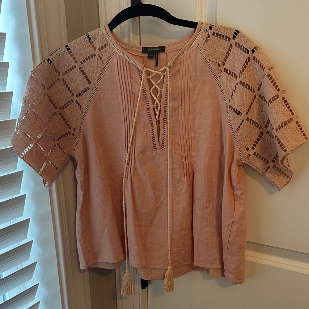 Merci M Women's Blush Crochet Sleeve Blouse